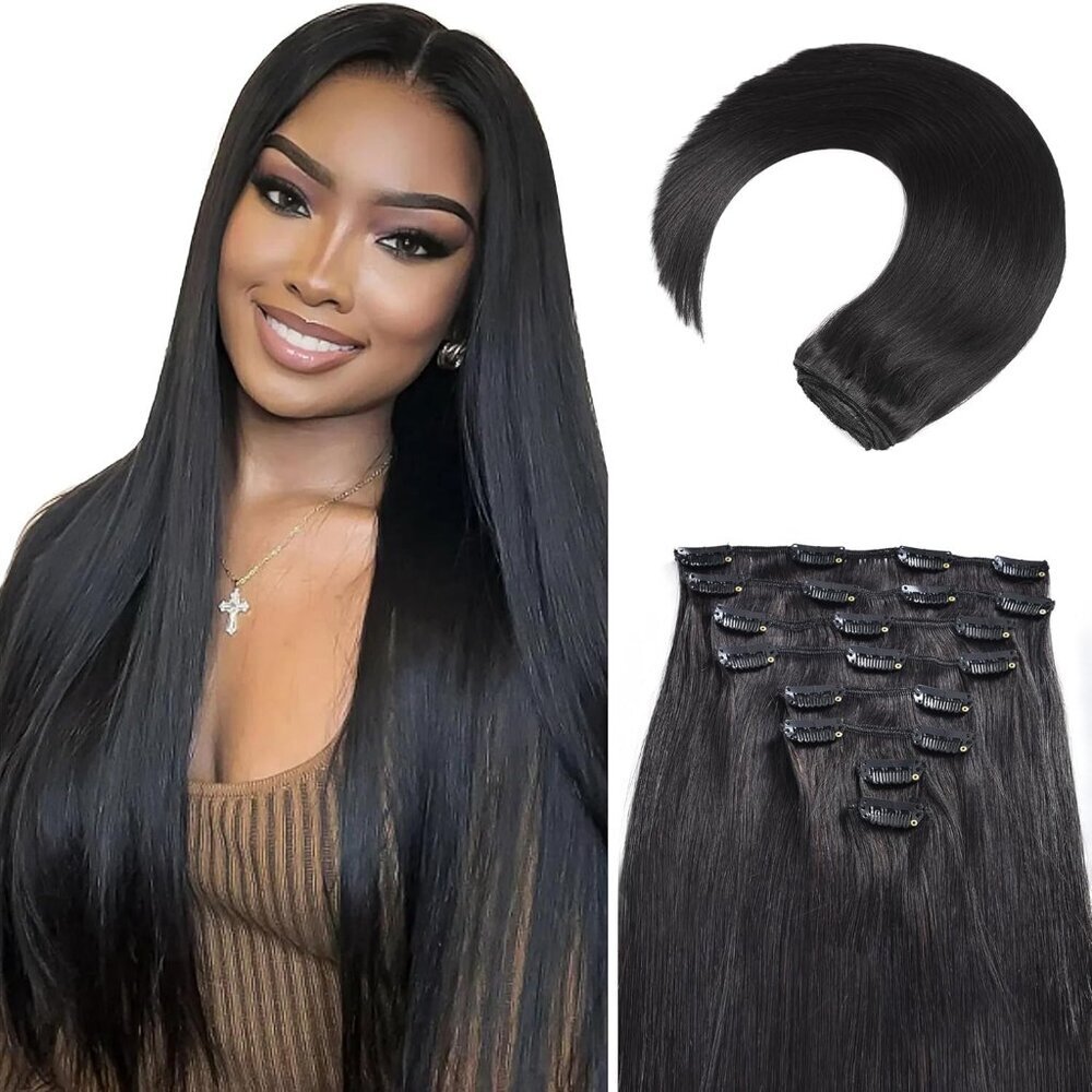 Clip in Hair Extensions Human Hair 20 Inch Long Straight Natural Black Remy